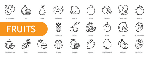 Fruits & berries icon set. Blueberry, pear, bananas, lemon, apple, coconut, strawberry, raspberry, peach, pineapple, cherry, watermelon, grape, orange, mango, etc.Editable stroke, vector illustration.