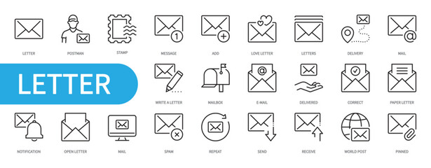 Letter & mail icon set. Postman, stamp, message, letters, delivery, paper, pinned, write, mailbox,e-mail, delivered, spam, repeat, send, receive, world post, etc. Vector illustration. Editable stroke.