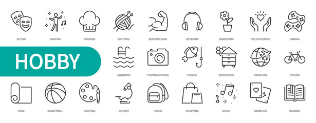 Hobby icon set. Acting, dancing, cooking, knitting, listening, gardening, volunteering, reading, cycling, gaming, traveling, painting, shopping, gambling, etc. Vector illustration. Editable stroke.