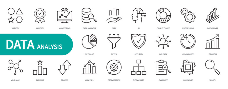 Data analysis icon set. Analytics, variety, validity, donut chart, processing, search, filter, mind map, ranking, traffic, optimization, evaluate, hardware, etc. Vector illustration. Editable stroke.	