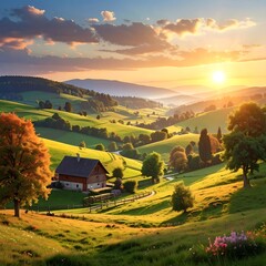 Obraz premium Picturesque rural landscape at sunset