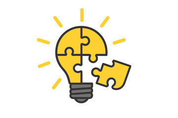 Creative idea lightbulb as puzzle concept. Problem solving and finding a solution. Jigsaw pieces connection for innovation. Missing link metaphor. Vector icon for business strategy.