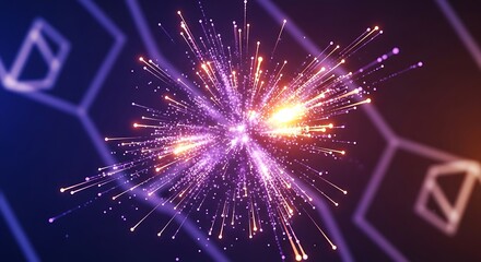 Fototapeta premium Abstract digital illustration of a bright explosion with glowing particles and geometric shapes.