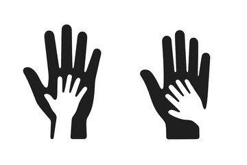 Obraz premium Child hand on adult hand icon. Parent and child symbol. Family care, help, support, protection concept. Parenting, adoption, charity logo. Social aid, community, volunteering.