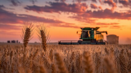 Fototapeta premium Golden wheat field at sunrise with dew-covered spikes and combine harvester unloading grain into tractor under glowing dawn sky, rural farming landscape photography