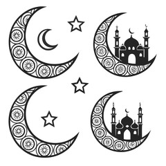 Islamic crescent moons with mosques and stars silhouette