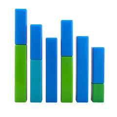 Stacked blue and green rectangular blocks forming a 3D bar chart against a black background, symbolizing data visualization and growth.