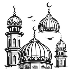Islamic domes and minarets with crescent moons and birds