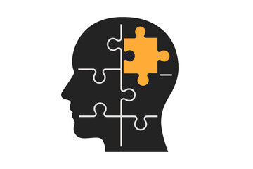 Human head puzzle for psychology, mental health concept. Vector icon of problem solving, creativity, idea, solution. Metaphor for brain logic, last piece, mind game.