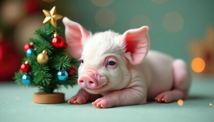 Adorable piglet rests by a decorated mini tree Heartwarming holiday image , cheerful, holiday card