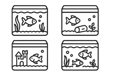 Aquarium line icon set. Fish tank vector illustration. Home pet simple outline pictogram. Fishbowl with water, plant, castle, bubbles. Aquatic underwater life symbol.