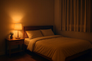 暖かな照明と観葉植物が置かれた寝室のベッド