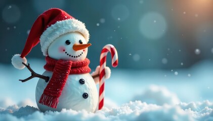 Adorable snowman with carrot nose, wearing a festive hat, holding a candy cane , hat, holiday