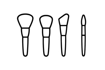 Makeup brush set vector outline icon collection. Cosmetic tool for powder, blush, foundation, and concealer. Beauty accessory line art illustration for graphic and web design.