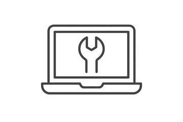 Laptop repair service icon. Computer maintenance and technical support concept. Vector line symbol for IT help, system configuration, troubleshooting, and setup. Hardware fix.