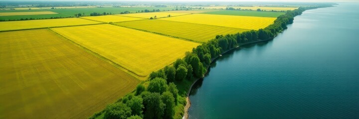 Aerial view of agricultural fields ending abruptly at a natural border, photography, high angle
