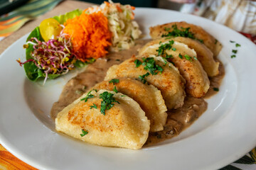 traditional polish fried dumplings (pierogi) served on a white plate