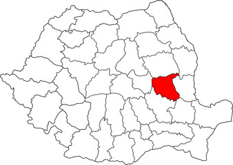 A detailed vector map of Romania highlighting the Vrancea county. Perfect for data visualization, presentations, and educational infographics.

