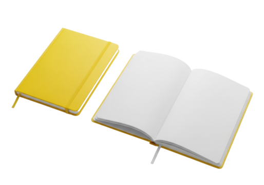 Two vibrant yellow hardcover notebooks, one closed, one open with blank pages, on a transparent background with soft shadows and copy space, concept of potential for new ideas