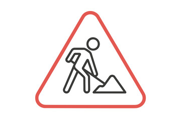 Road work warning sign with man and shovel. Men at work icon. Construction site symbol. Under maintenance concept. Caution traffic sign. Road repair worker pictogram in triangle.