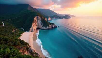 Aerial view, Twilight Bay's pristine beach, rugged coastline, soft light , golden hour, amazing