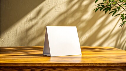 Fototapeta premium Title: Blank desk calendar mockup standing on wooden table with natural sunlight and plant shadows for branding and design presentation 