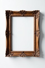 Aged brown wood picture frame, stark white backdrop, material, template
