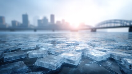 Frozen river ice cityscape