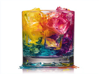 A colourful glass with ice cubes. cocktail,  colour ice cubes in a glass against white background.