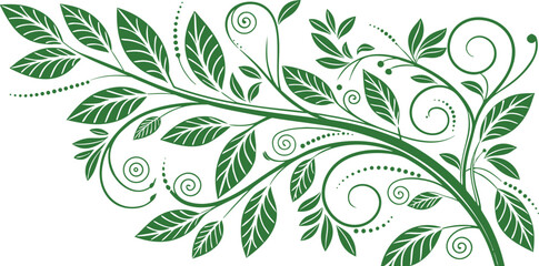 Green Swirling Floral Branch with Leaves and Dots on White Background vine © NisatFarjana