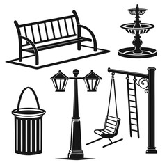 Park bench fountain lamppost trash bin swing vector