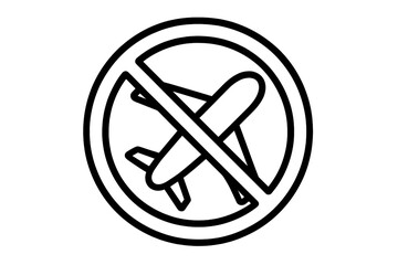 No flying sign. Flight prohibition icon. Airport closed and travel ban concept. Canceled flight and aerophobia symbol. Stop air travel for environment. Vector outline illustration.