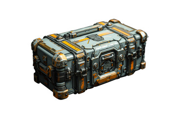 Steel-bound rectangular HUD box, bolts on corners, mechanical joints and mesh panels, action-RPG interface