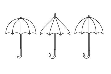 Minimalistic umbrella, parasol, bumbershoot set with thin line art, simple vector cartoon illustration, transparent background, ordered collection of classic rain protection icons