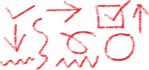 Red hand-drawn sketch elements including arrows, check marks, and scribbles on a white background
