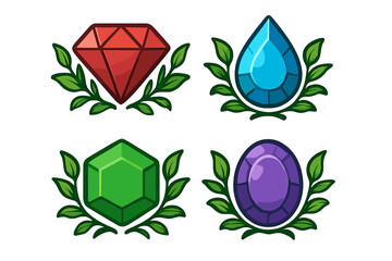 Obraz premium Set of colorful gemstone logos with green foliage ornament, vector cartoon illustration on transparent background, vibrant crystal designs including red, blue, green, and purple jewels