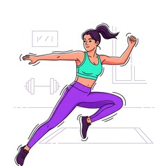 A stylized illustration of a female athlete in dynamic action, showcasing activewear in vibrant colors, set within a simple gym setting.