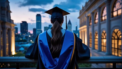 Graduate in Cap and Gown Gazes at City Skyline from University Balcony at Dusk.