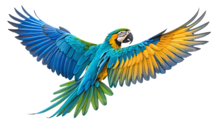 A vibrant macaw with outstretched wings displaying its colorful plumage against a black background