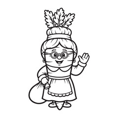Cartoon mrs claus waving with a bag in black and white line