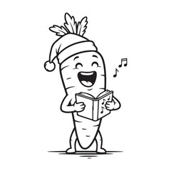 Cartoon carrot singing christmas carols in black and white