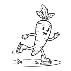 Cartoon carrot character ice skating on a white background