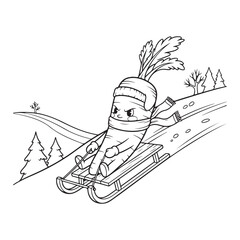 Carrot character sledding down snowy hill in winter scene