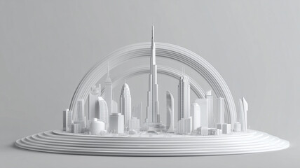 A 3d style illustration of a Dubai sklyline, white elegant  colors.  Dubai architectural style. paper cut, illustration. high resolution.