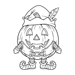 Line art of a pumpkin character wearing a hat and clothes