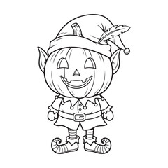 Outline illustration of a pumpkin elf in halloween costume