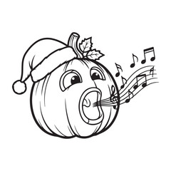 Cartoon pumpkin wearing santa hat singing musical notes
