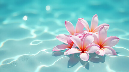 Fototapeta premium Pink Plumeria Flowers Floating on Light Blue Water with Gentle Ripples and Soft Reflection