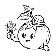 Cartoon tomato holding a snowflake wearing a small hat