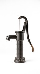 A vintage-style hand pump, dark brown in color, stands alone against a plain white background.